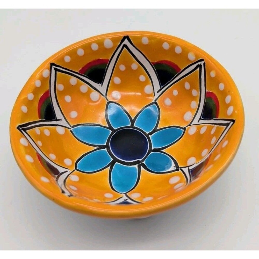 Mexican Talavera Small Pottery 3 Footed Trinket Bowl Floral Lead Free